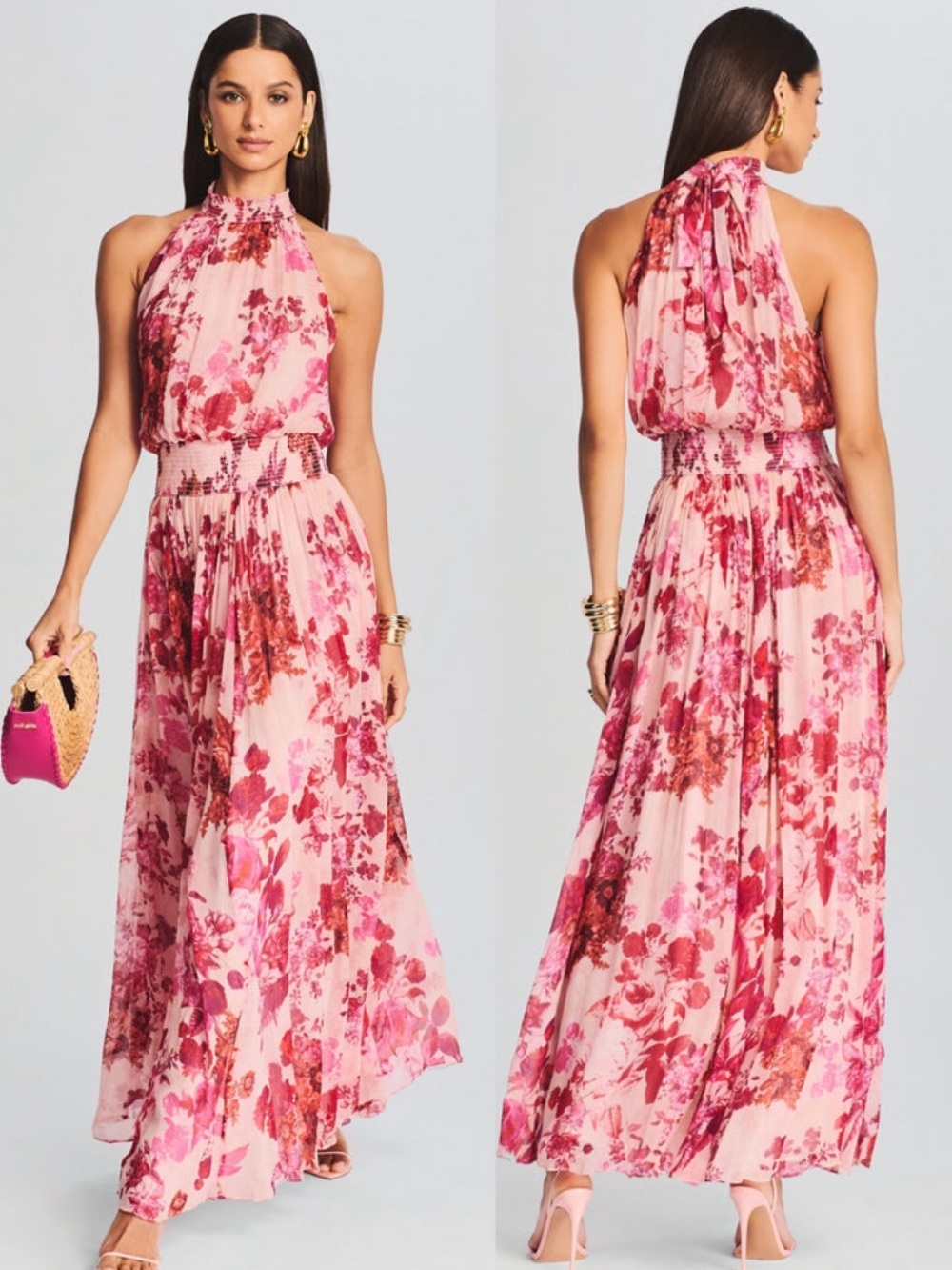 Hemant & nandita retrofete floral smocked Dali mock neck maxi dress size xl NWT